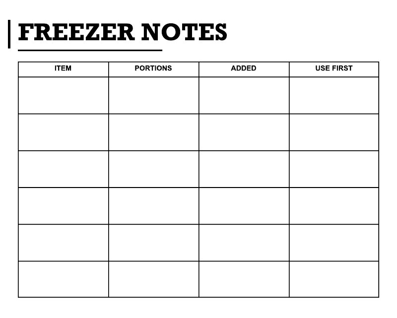 Freezer notes whiteboard overlay close-up with table columns for item and portions