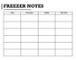 Freezer notes whiteboard overlay close-up with table columns for item and portions