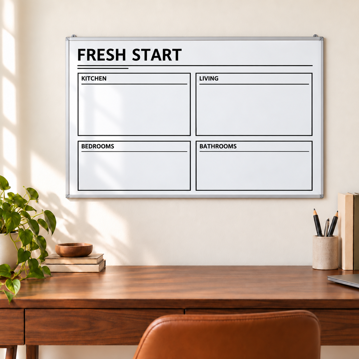 Dry-erase whiteboard planning overlay with "FRESH START" and four room sections