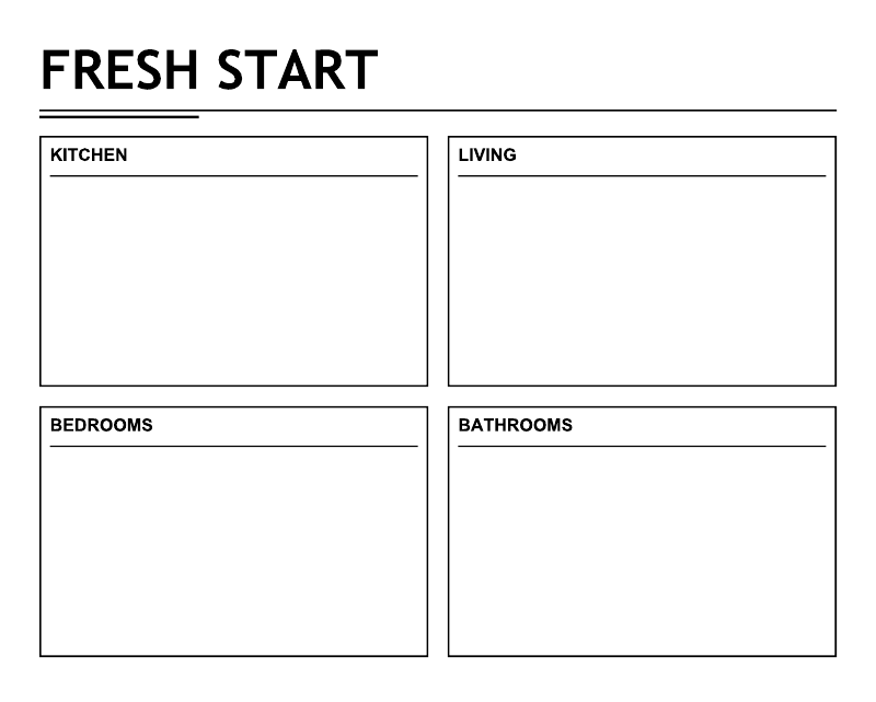 Whiteboard planning overlay with "FRESH START" title and boxed areas for rooms