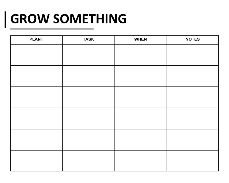 Garden task log whiteboard planning overlay close-up grid labeled Plant, Task, When, Notes