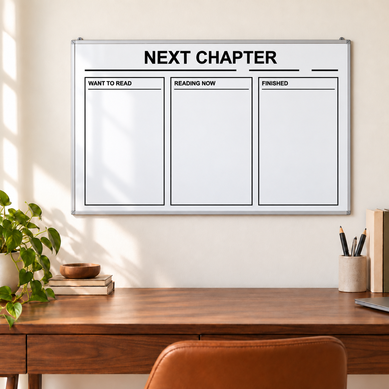 Framed whiteboard planning overlay with NEXT CHAPTER header and three reading status boxes