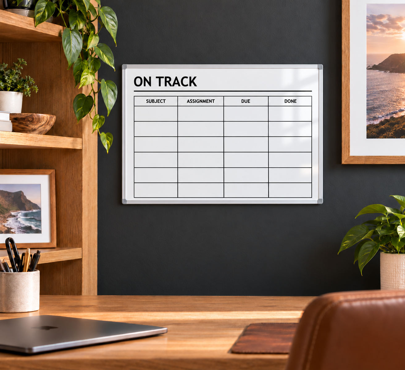 Dry-erase assignment tracker whiteboard overlay with “ON TRACK” header and grid lines