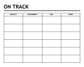 On Track dry-erase assignment tracker overlay with subject, assignment, due, done table