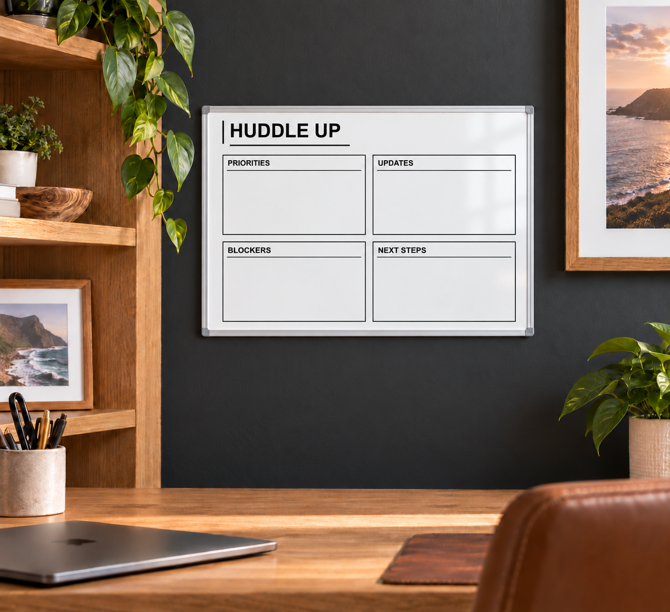Dry-erase planning overlay whiteboard with HUDDLE UP title and four note boxes