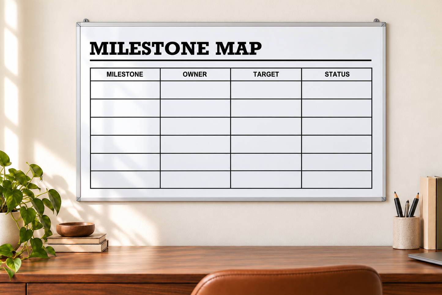 Milestone map dry-erase planning whiteboard overlay with title and grid table.