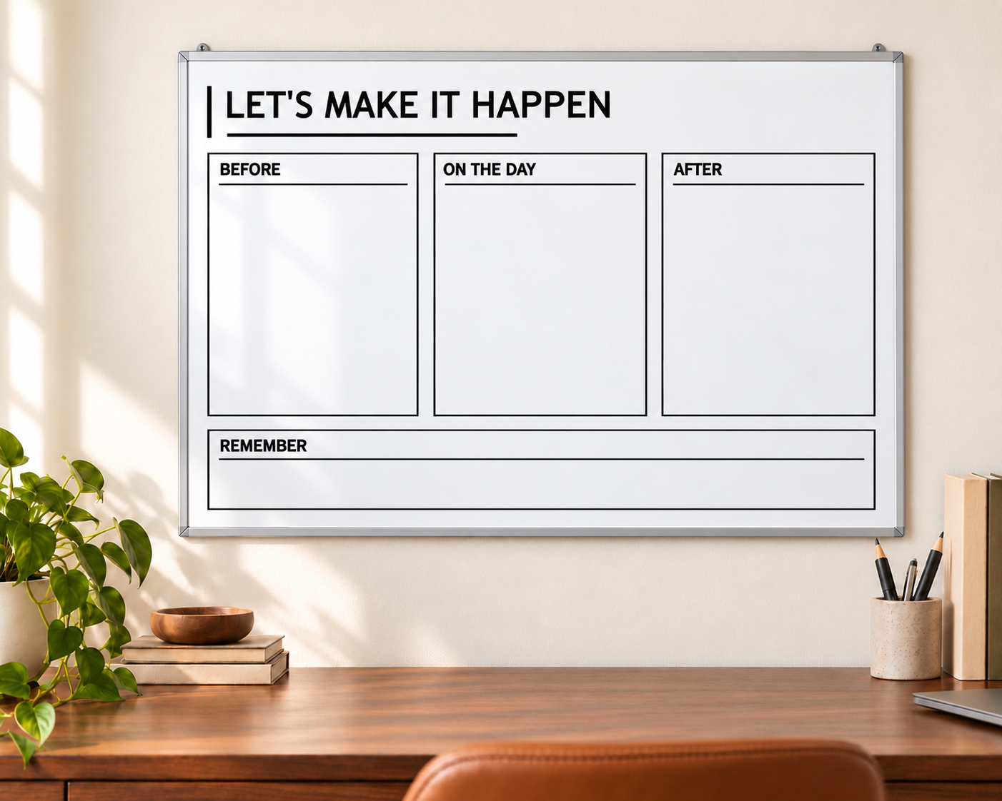 Dry-erase planning whiteboard overlay with 'LET'S MAKE IT HAPPEN' and Before/On/After boxes