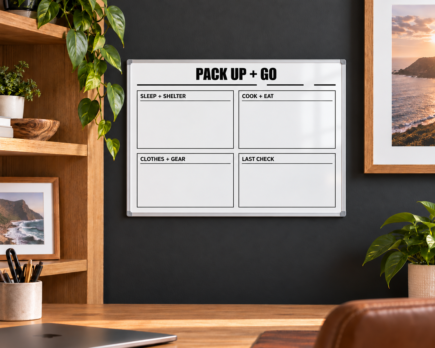 Camping planning whiteboard overlay with labeled grid and “PACK UP + GO” header