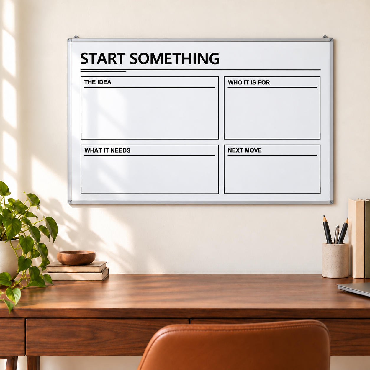 Framed dry-erase planning whiteboard with four sections and START SOMETHING title