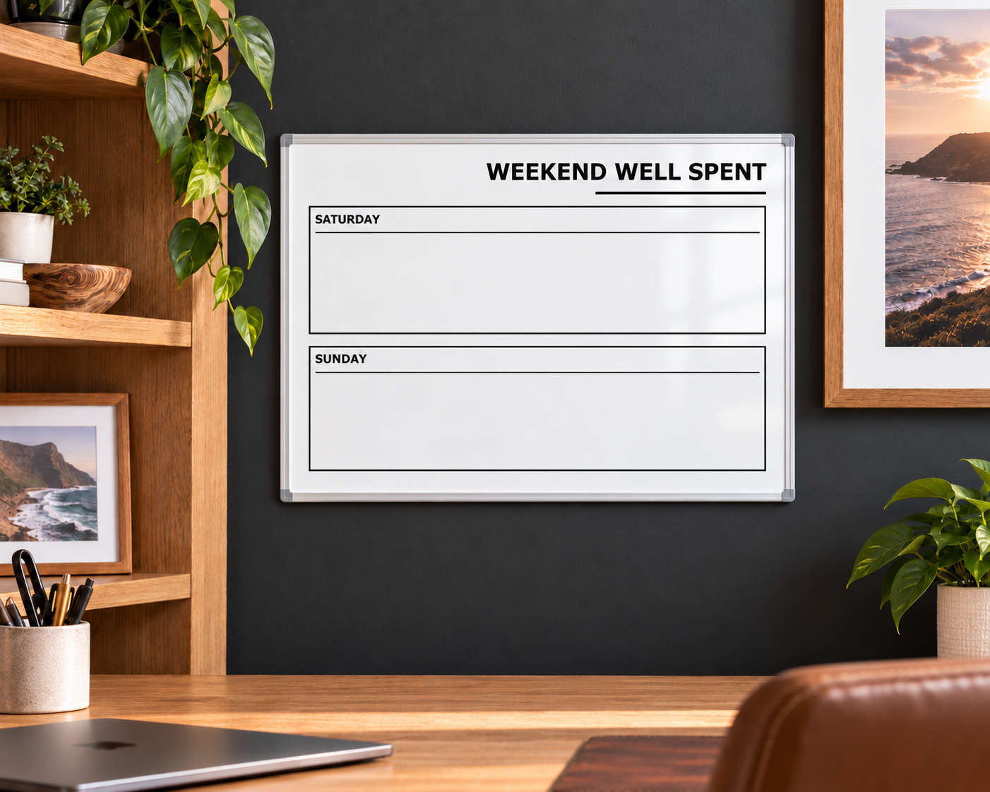 Dry-erase weekend planning whiteboard overlay with header and Saturday/Sunday lines