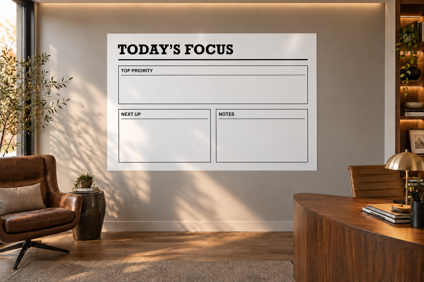 White dry-erase focus board panel with 'Today’s Focus' header and note sections