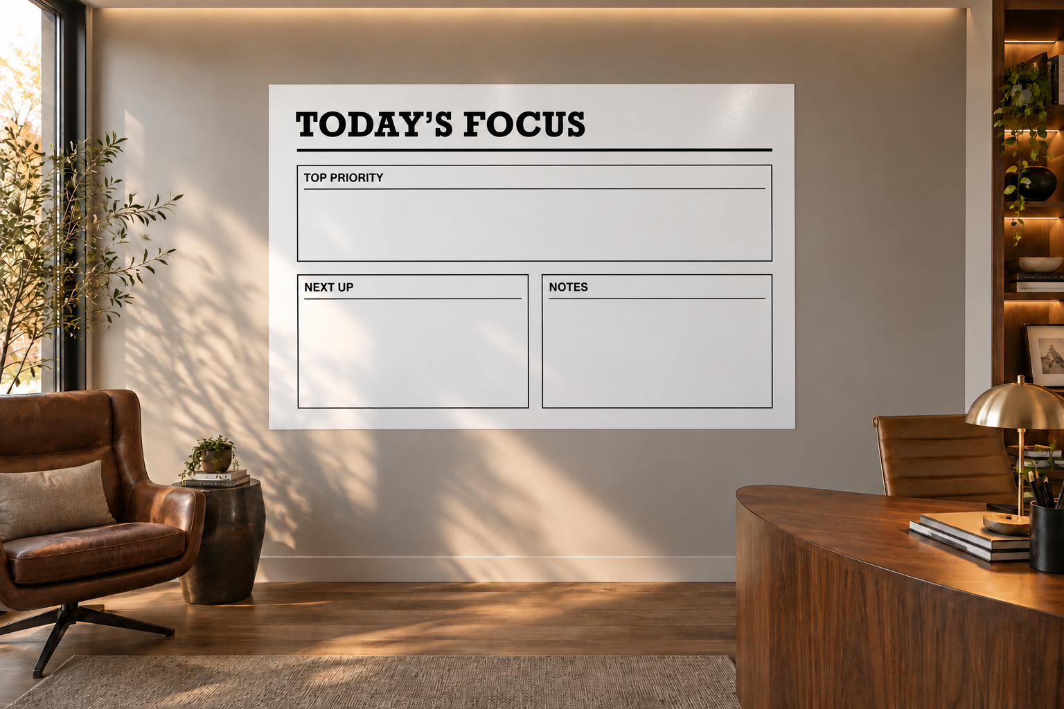 White dry-erase focus board panel with 'Today’s Focus' header and note sections