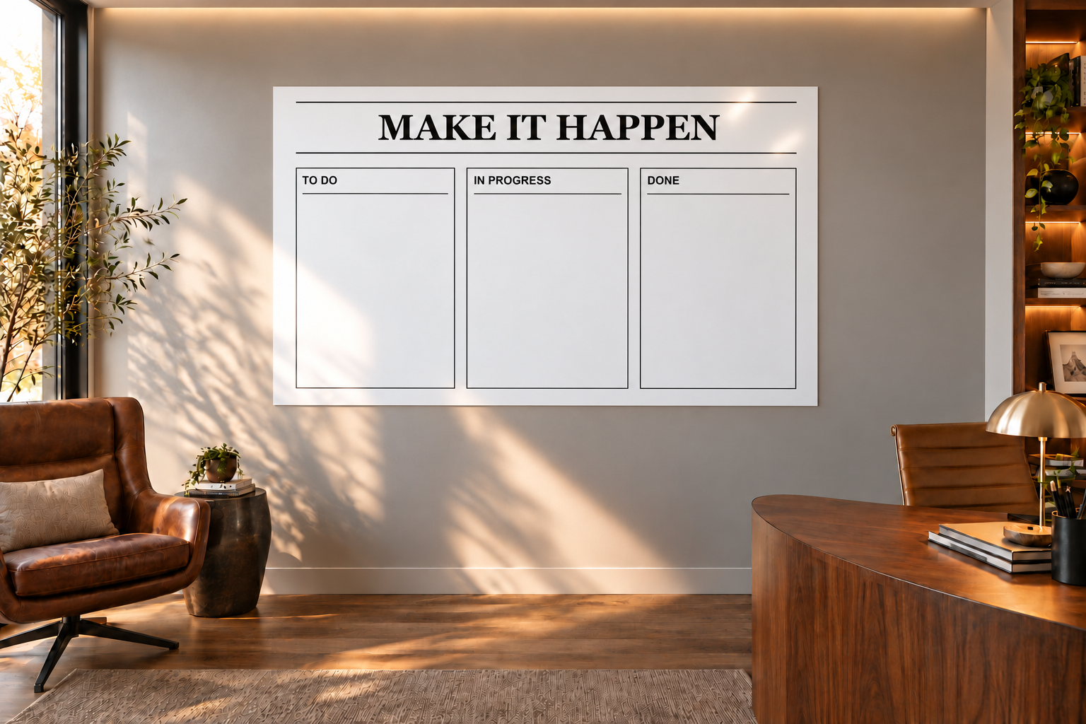 White dry-erase task board panel with three labeled sections: To Do, In Progress, Done