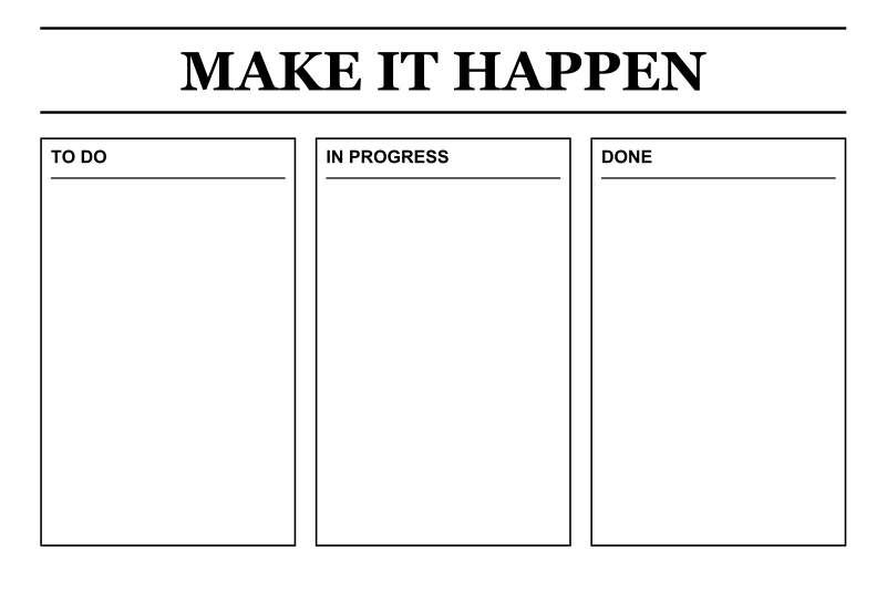 White dry-erase task board closeup with header and three empty boxes: To Do, In Progress, Done