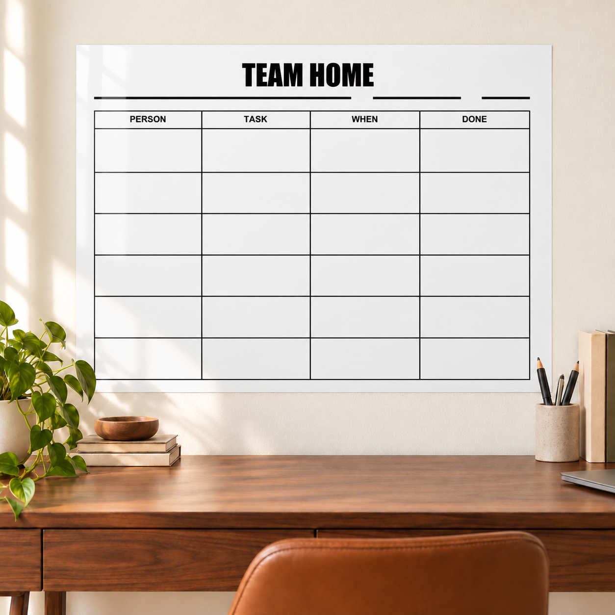 White dry-erase chore board with grid and headers: Team Home, Person, Task, When, Done