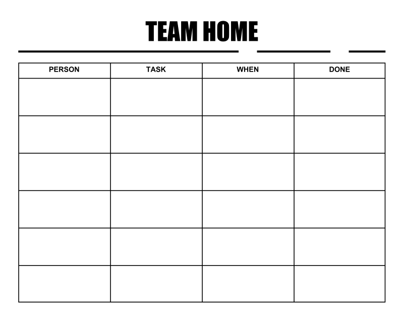 White dry-erase chore board panel with 'TEAM HOME' title and Person/Task/When/Done columns