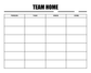 White dry-erase chore board panel with 'TEAM HOME' title and Person/Task/When/Done columns