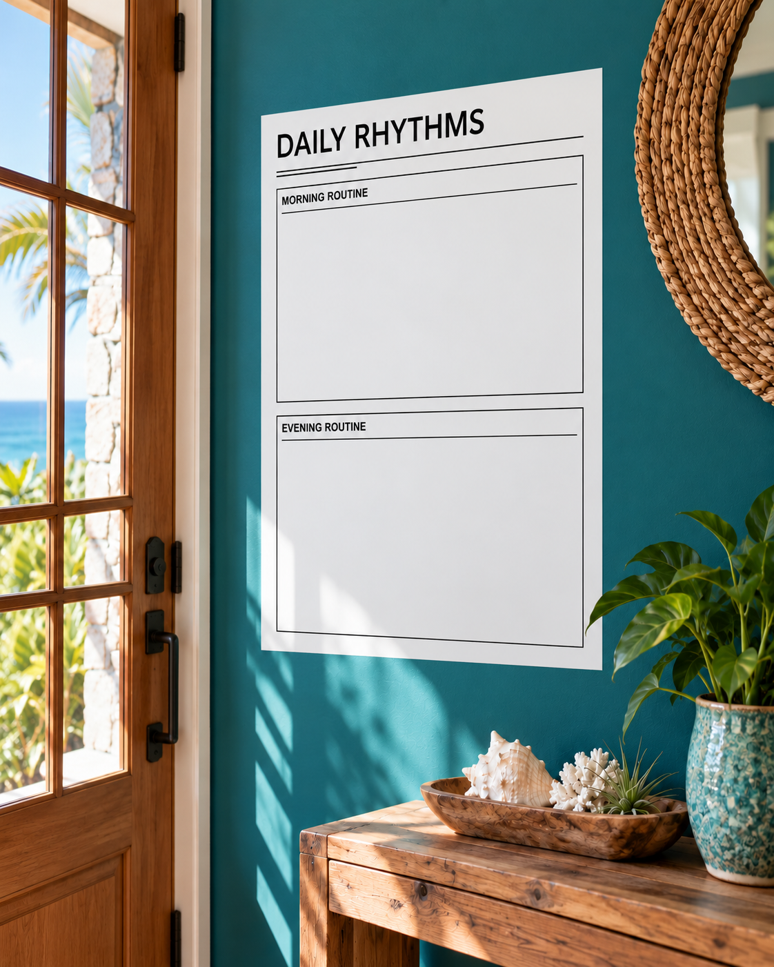 White dry-erase panel with 'DAILY RHYTHMS' and blank morning and evening boxes