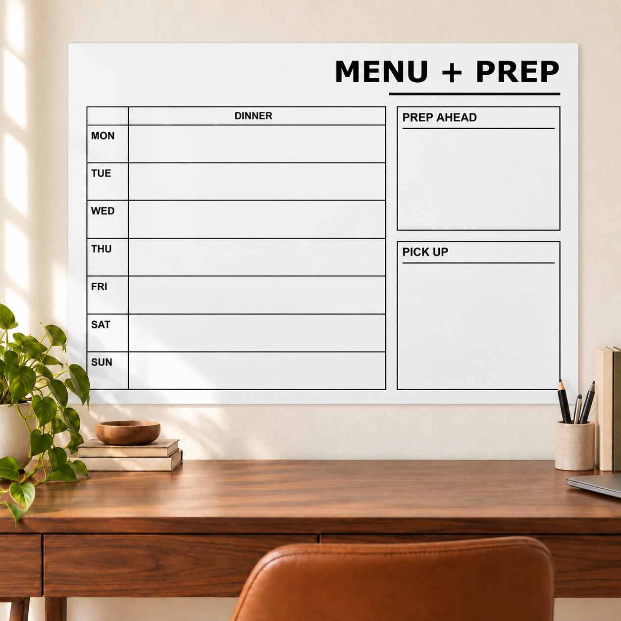 White dry-erase menu prep panel with dinner week grid and prep ahead & pickup areas