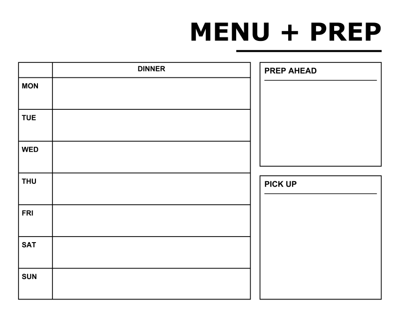 White dry-erase menu prep panel showing dinner days grid and prep ahead/pickup boxes