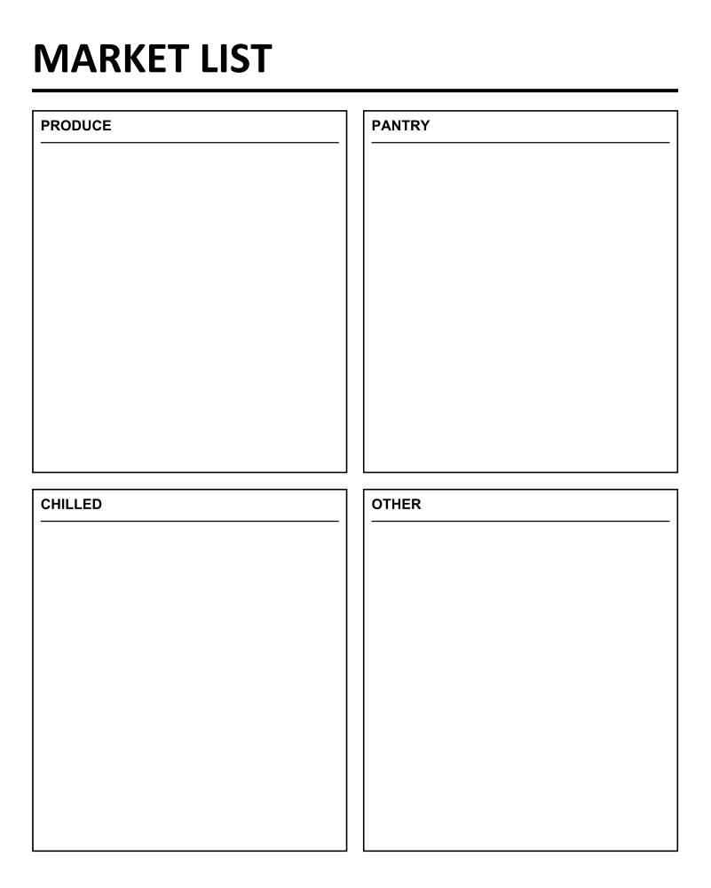White dry-erase market list board with four blank sections labeled Produce, Pantry, Chilled
