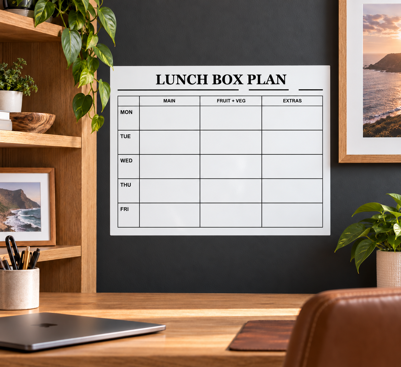White dry-erase lunch box plan panel with weekly grid and headings for main, fruit & extras