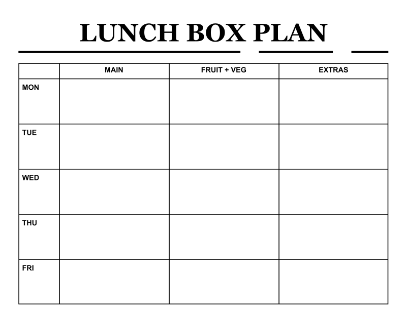 White dry-erase lunch box plan template panel with “LUNCH BOX PLAN” and weekly table grid