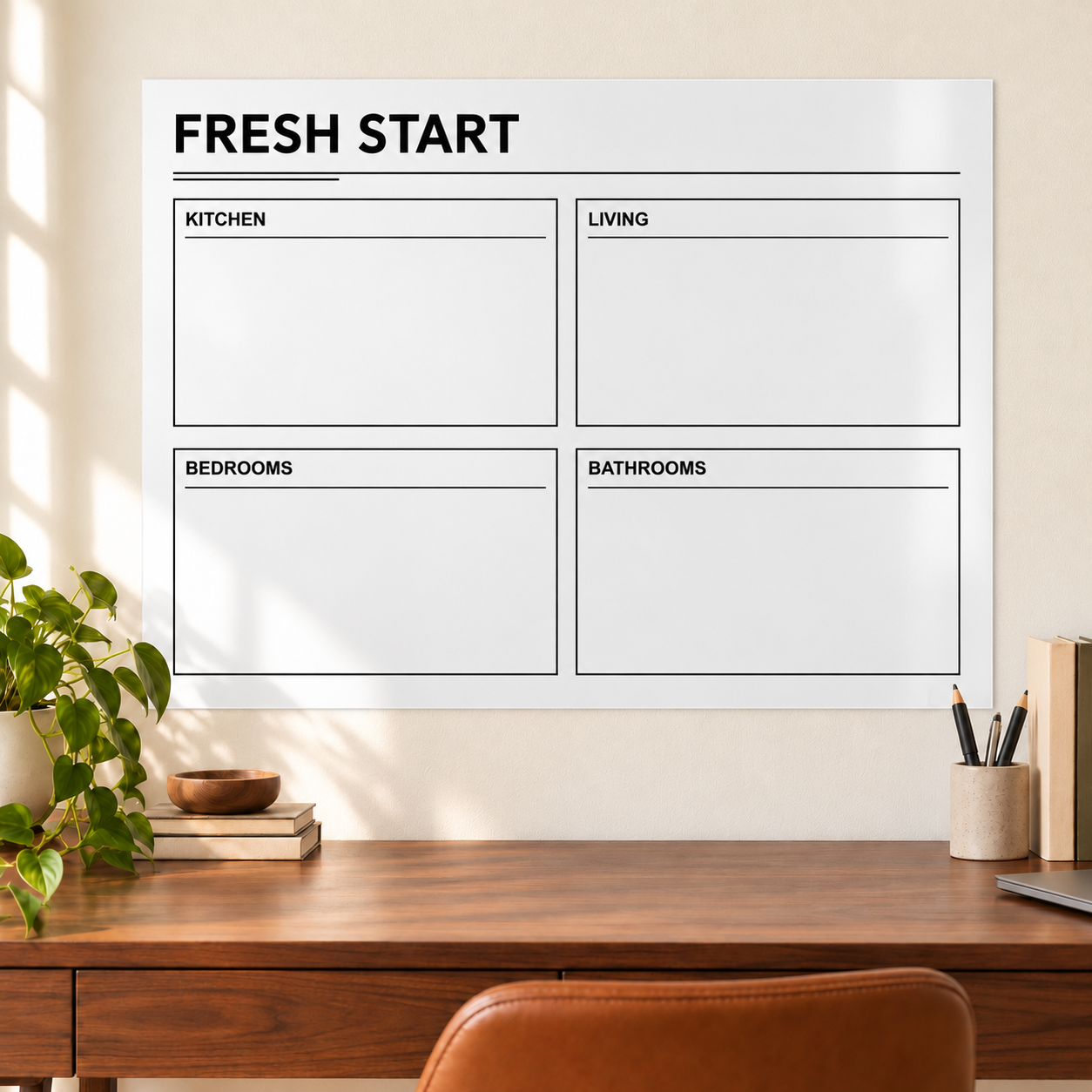 White dry-erase planning panel with four labeled grids and title 'FRESH START'.