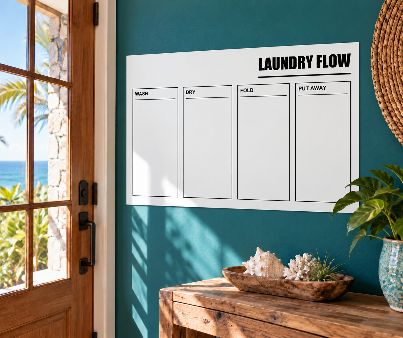 White dry-erase laundry flow panel with Wash, Dry, Fold, Put Away sections.
