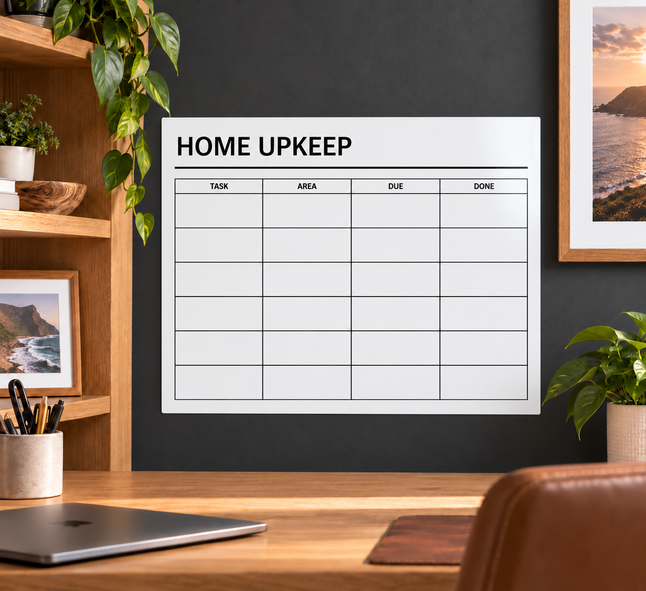 White dry-erase home upkeep board with grid for tasks, area, due, and done.