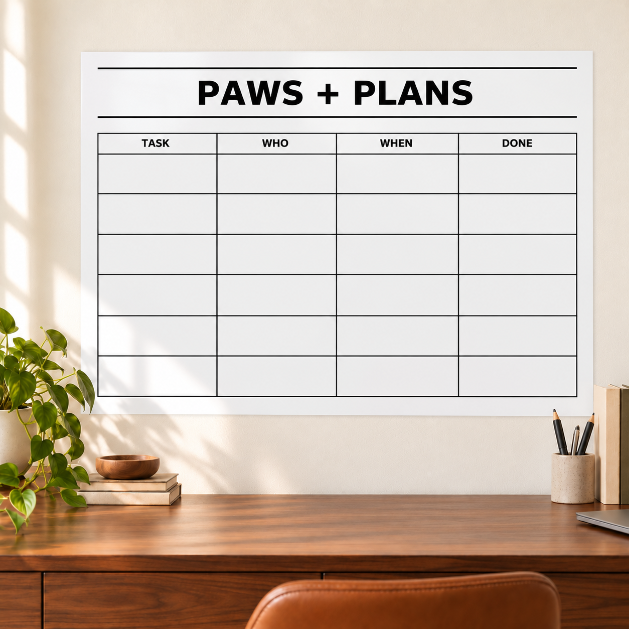 White dry-erase pet care log panel with PAWS + PLANS header and task table