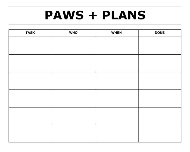 White dry-erase pet care log panel with PAWS + PLANS and blank task grid