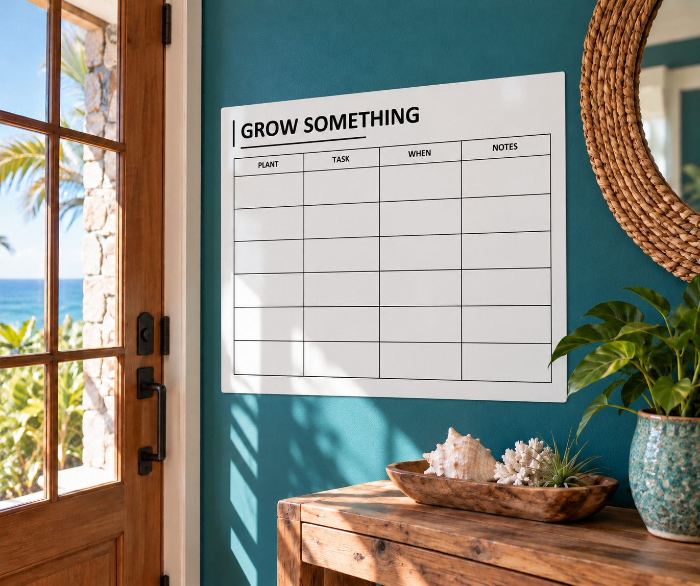 White dry-erase task log panel with grid and 'GROW SOMETHING' header