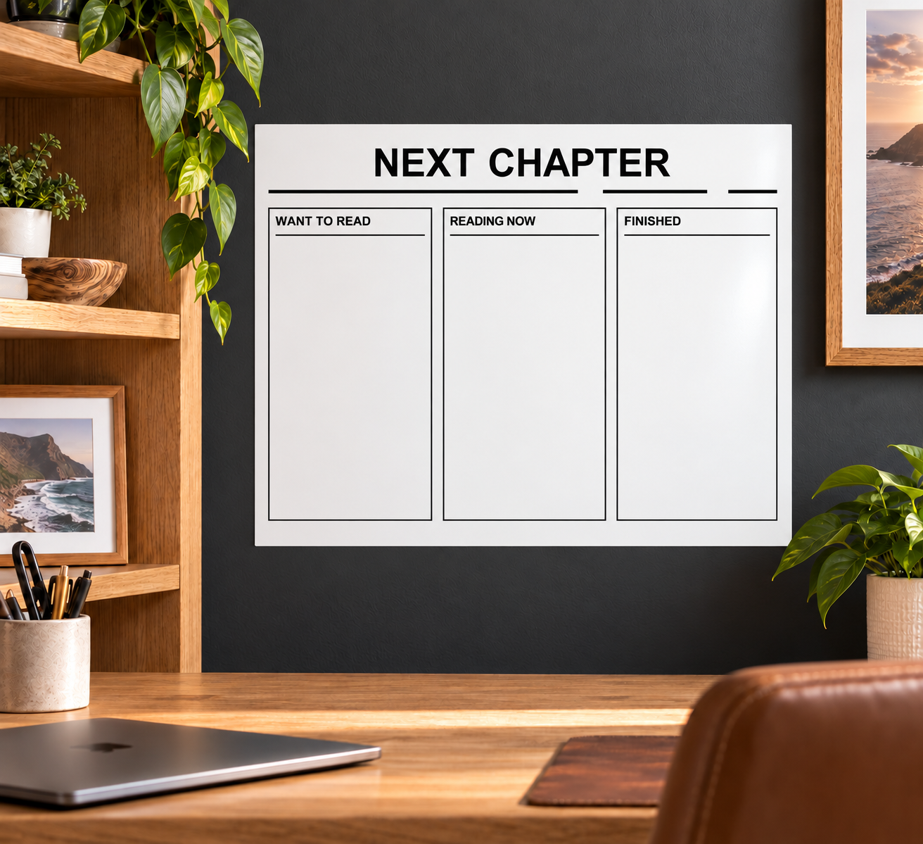 White dry-erase reading queue panel with 'NEXT CHAPTER' and three writing sections