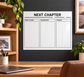 White dry-erase reading queue panel with 'NEXT CHAPTER' and three writing sections