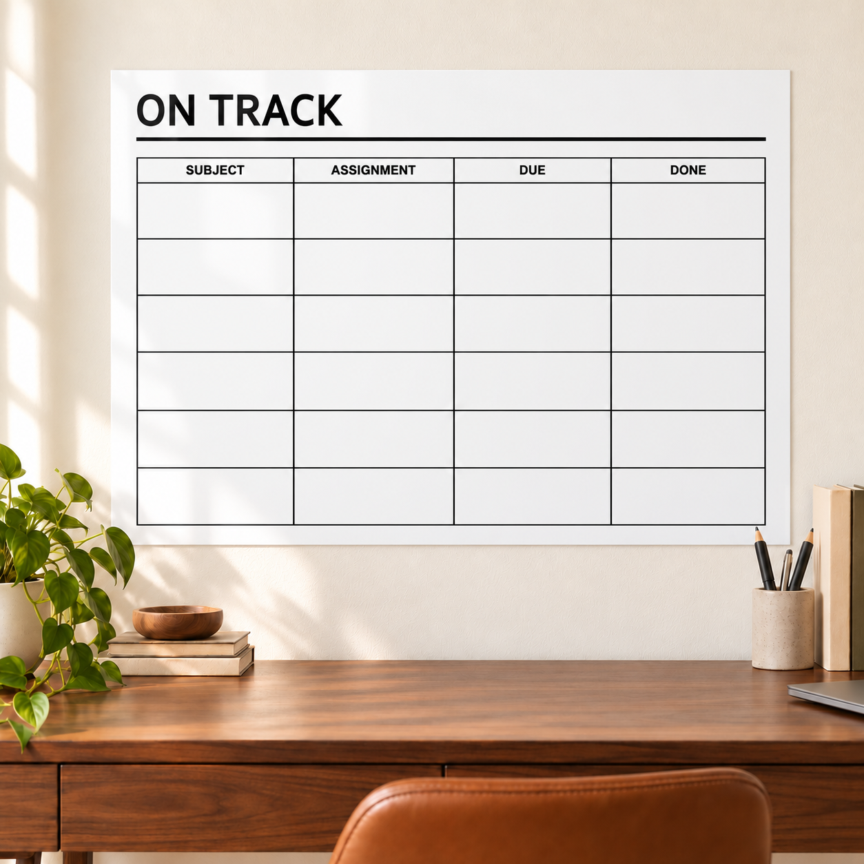 White dry-erase assignment tracker panel with grid table and "ON TRACK" header