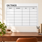 White dry-erase assignment tracker panel with grid table and "ON TRACK" header