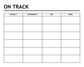 White dry-erase assignment tracker board with "ON TRACK" header and four-column grid