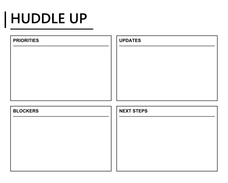 Close-up of white dry-erase huddle board with HUDDLE UP header and four boxes