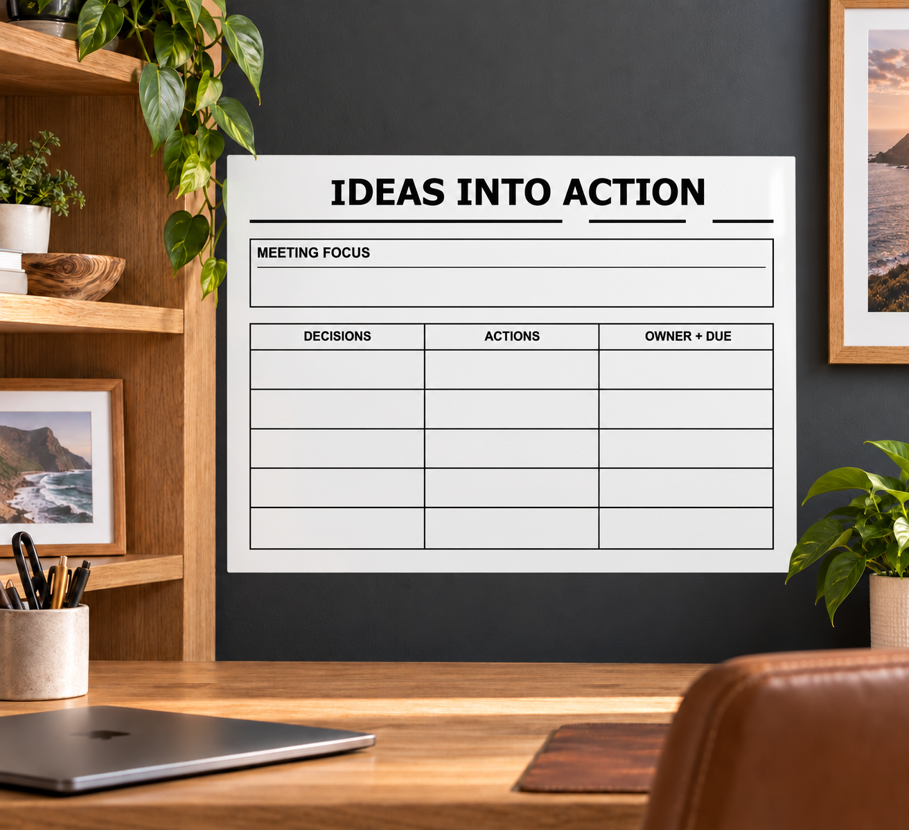 White dry-erase meeting action board with Ideas Into Action title and planning grid