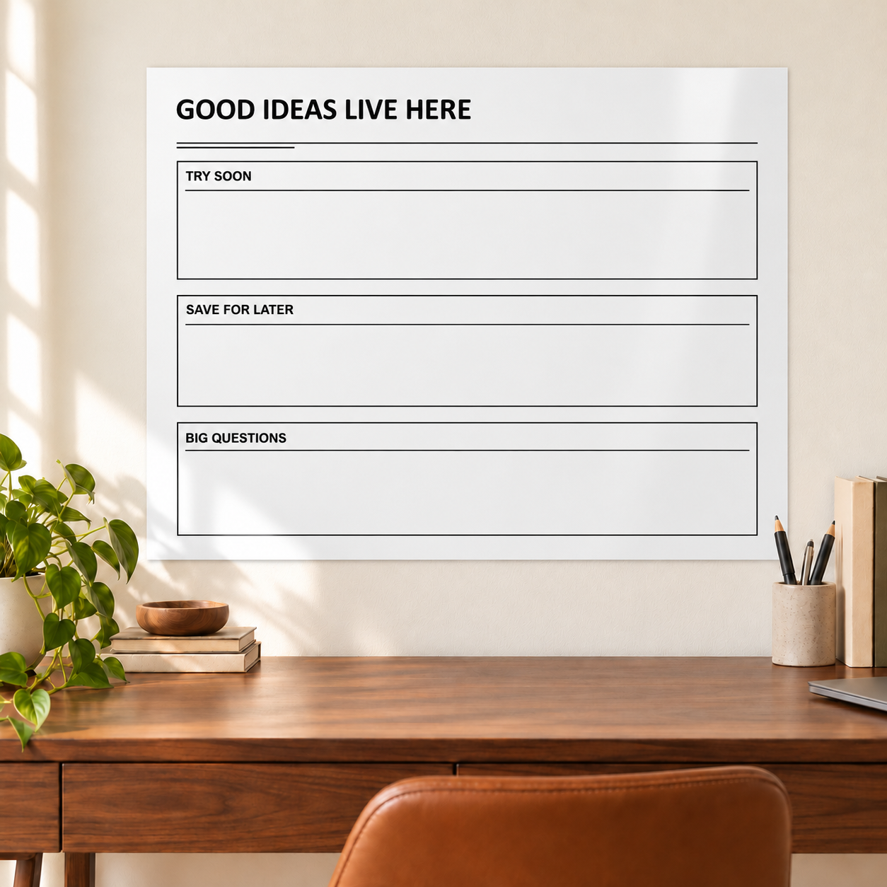 White dry-erase panel with three lined writing sections and a header