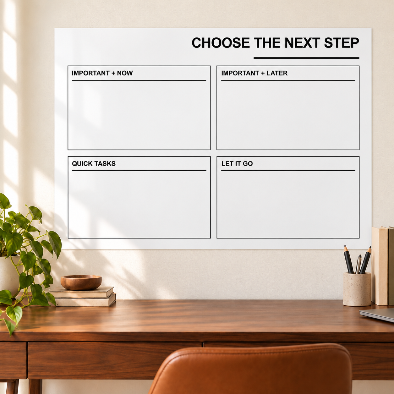 White dry-erase decision matrix panel with quadrant labels: Important Now/Later, Quick Tasks, Let it Go