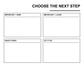 White dry-erase decision matrix panel close-up with four quadrants and header "CHOOSE THE NEXT STEP"