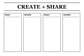 White dry-erase planning board titled CREATE + SHARE with IDEAS, MAKING, READY, SHARED areas