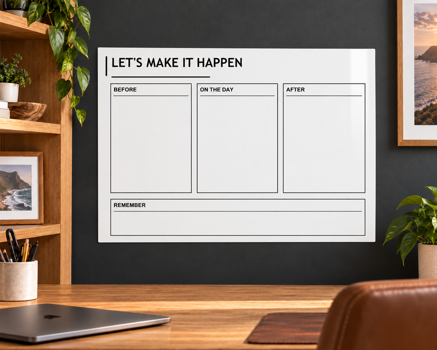 White dry-erase event checklist panel with 'Let's Make It Happen' and four labeled sections