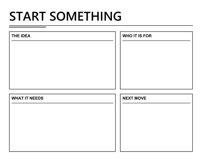 Close-up white dry-erase brief panel with 'START SOMETHING' and four label boxes