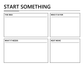 Close-up white dry-erase brief panel with 'START SOMETHING' and four label boxes