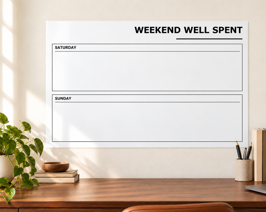 White dry-erase weekly planner panel with Saturday and Sunday sections, lines, and border