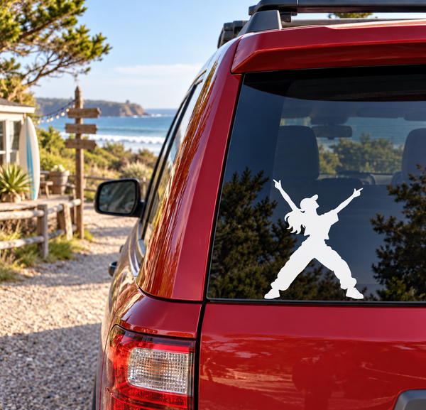 White vinyl decal of a dubstep dancer silhouette on car rear window