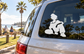 Vinyl car decal of a kneeling woman with curly hair and headphones, white silhouette